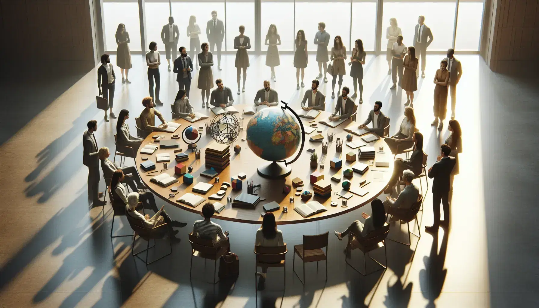 Grupo diverso de personas en reunión colaborativa alrededor de una mesa redonda con un globo terráqueo y libros, en un ambiente de discusión académica.