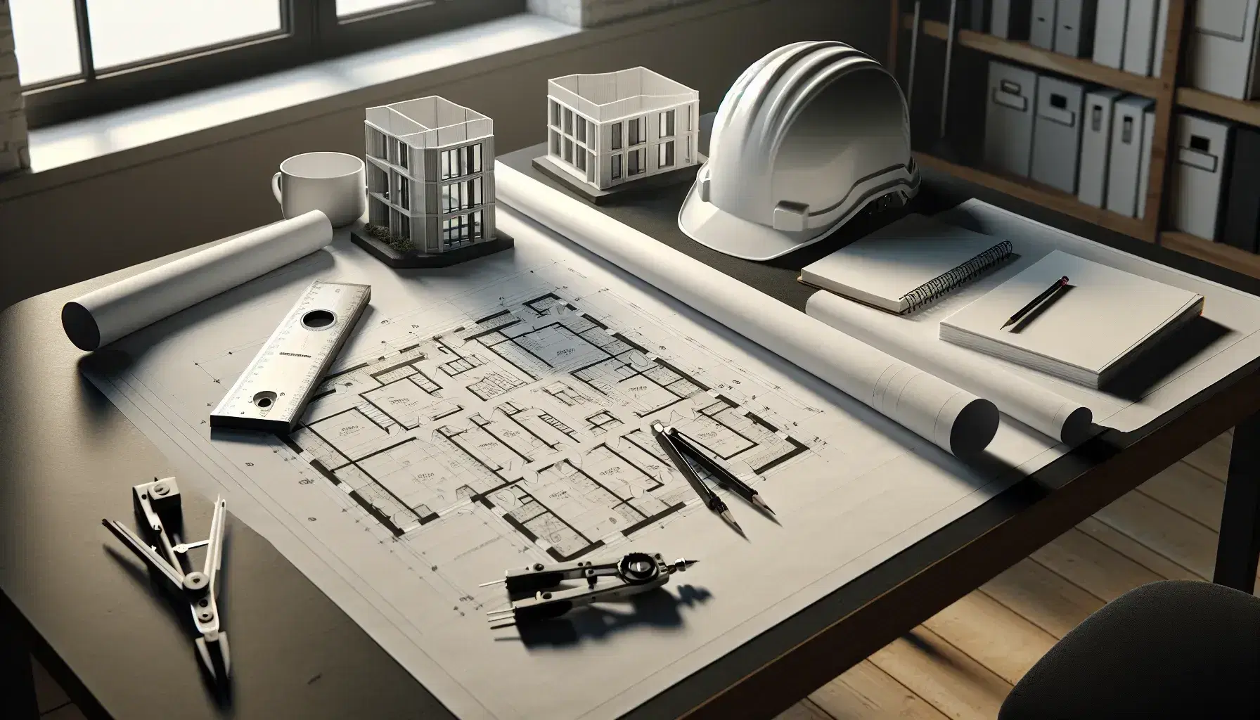 Mesa de trabajo de arquitecto con plano detallado, casco de seguridad, gafas, modelo arquitectónico en miniatura y elementos de dibujo técnico en estudio iluminado.