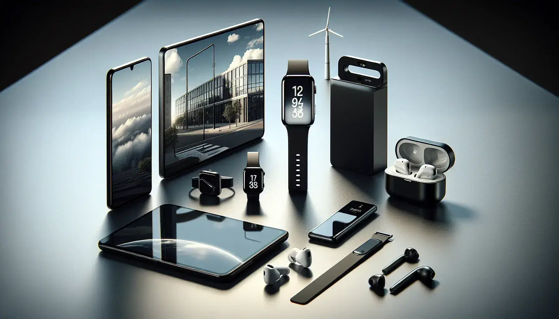 Gadgets electrónicos modernos sobre superficie clara incluyendo smartphone, smartwatch, auriculares inalámbricos, tablet y laptop cerrado, con edificio y cielo reflejado al fondo.