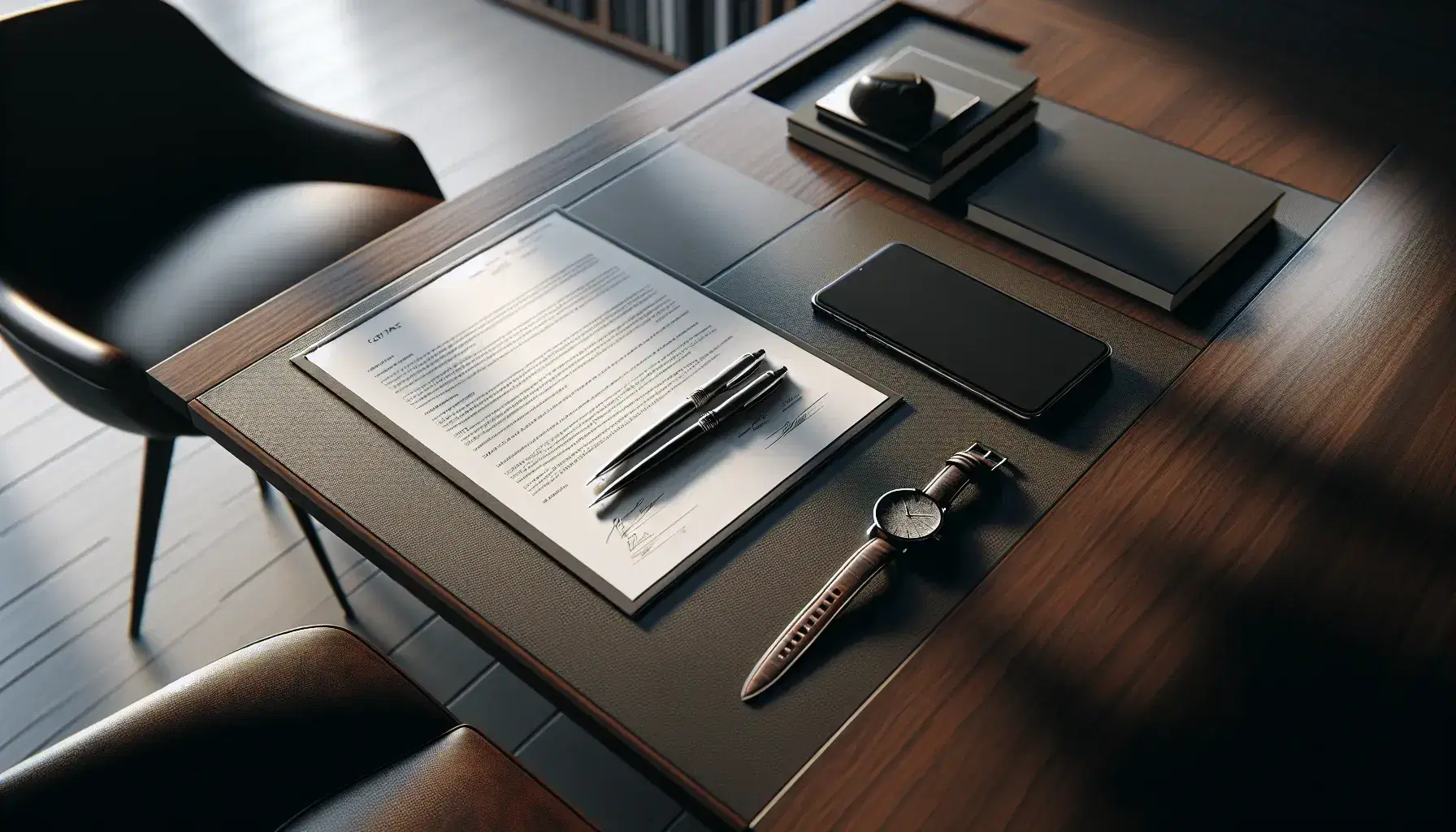 Mesa de madera oscura con dos sillas contemporáneas, contrato impreso, bolígrafos elegantes, smartphone y reloj de pulsera, fondo con estantería y planta.
