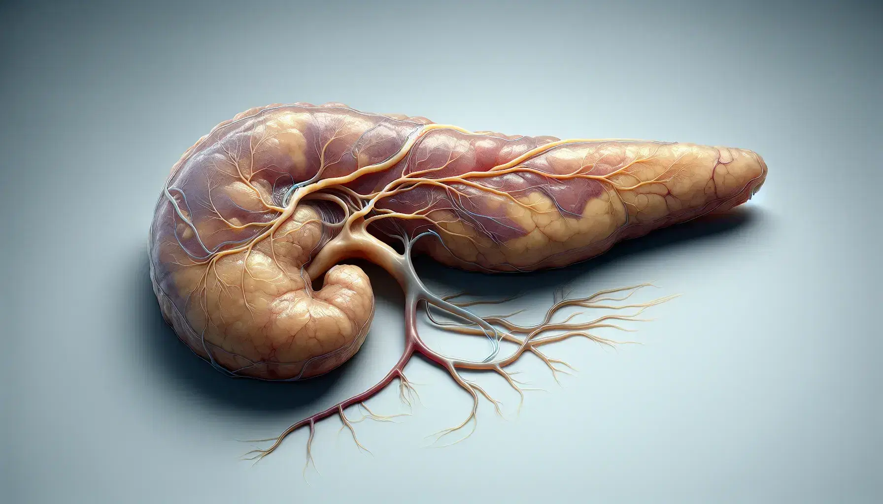 Páncreas humano realista con tonalidades rosadas y beige, vasos sanguíneos rojos y azules y fibras nerviosas plateadas sobre superficie neutra.