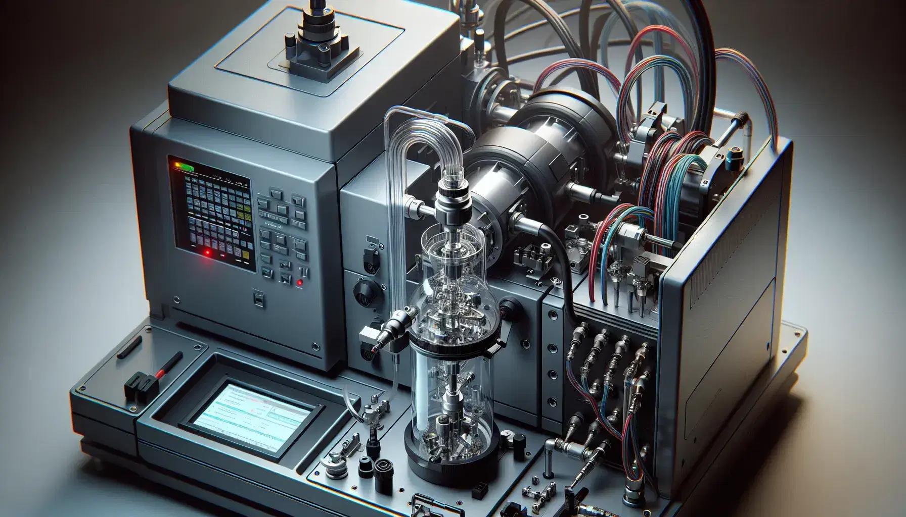 Espectrómetro de masas de laboratorio con tubo de vidrio, pantalla digital apagada y cables de colores, enfocado en un fondo neutro.