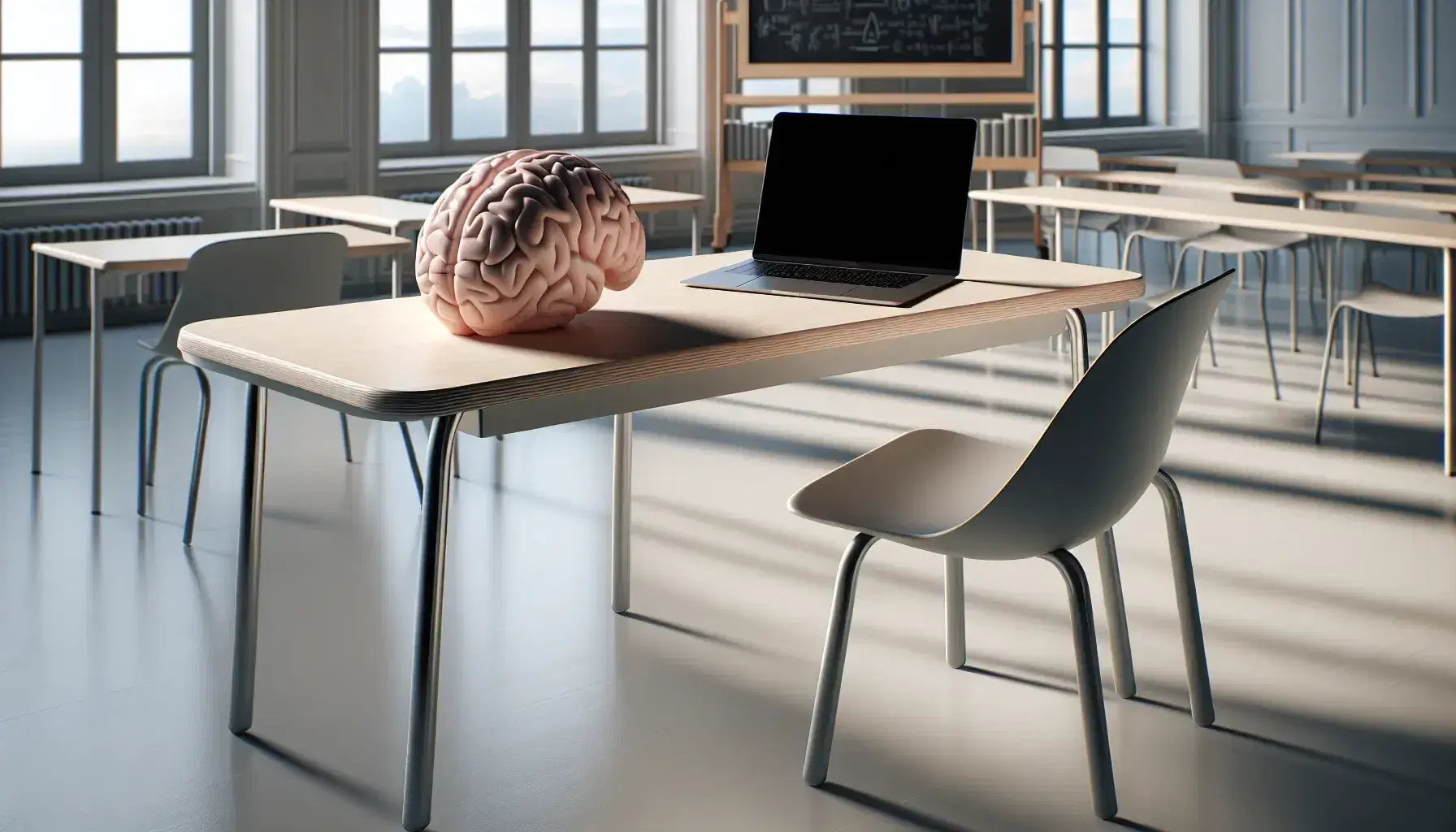 Aula moderna y luminosa con modelo de cerebro humano en mesa de madera, portátil cerrado, silla de plástico y estantería con libros de colores.
