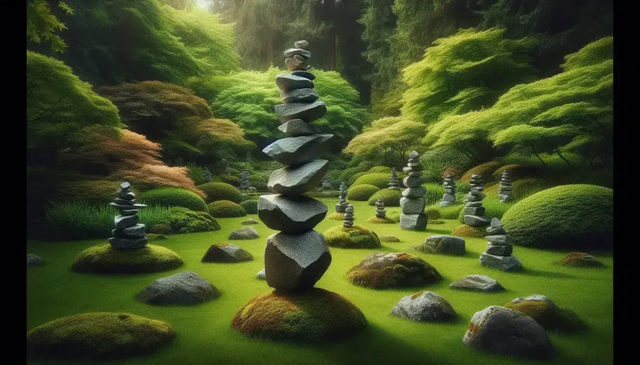 Peaceful garden with stacked stone sculptures, cairns, amidst lush greenery and soft shadows, with no legible signs or symbols.