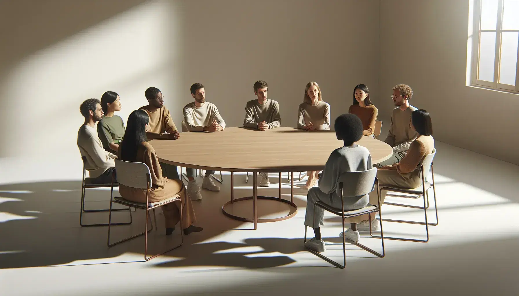 Grupo diverso de personas conversando alrededor de una mesa redonda de madera en una sala iluminada naturalmente, sin dispositivos electrónicos.