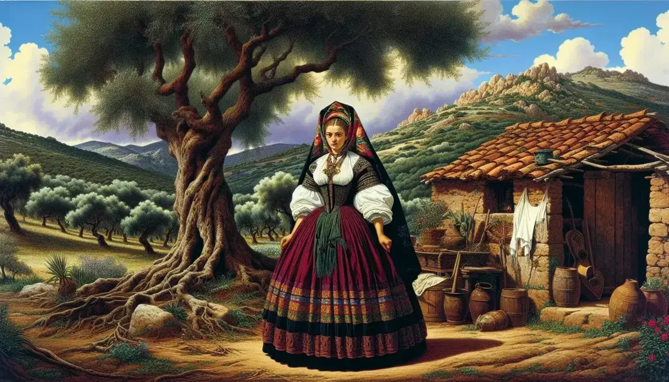 Donna in costume tradizionale sardo con gonna rossa e corpetto nero, paesaggio collinare e capanna in pietra, tavolo con pane e frutta.