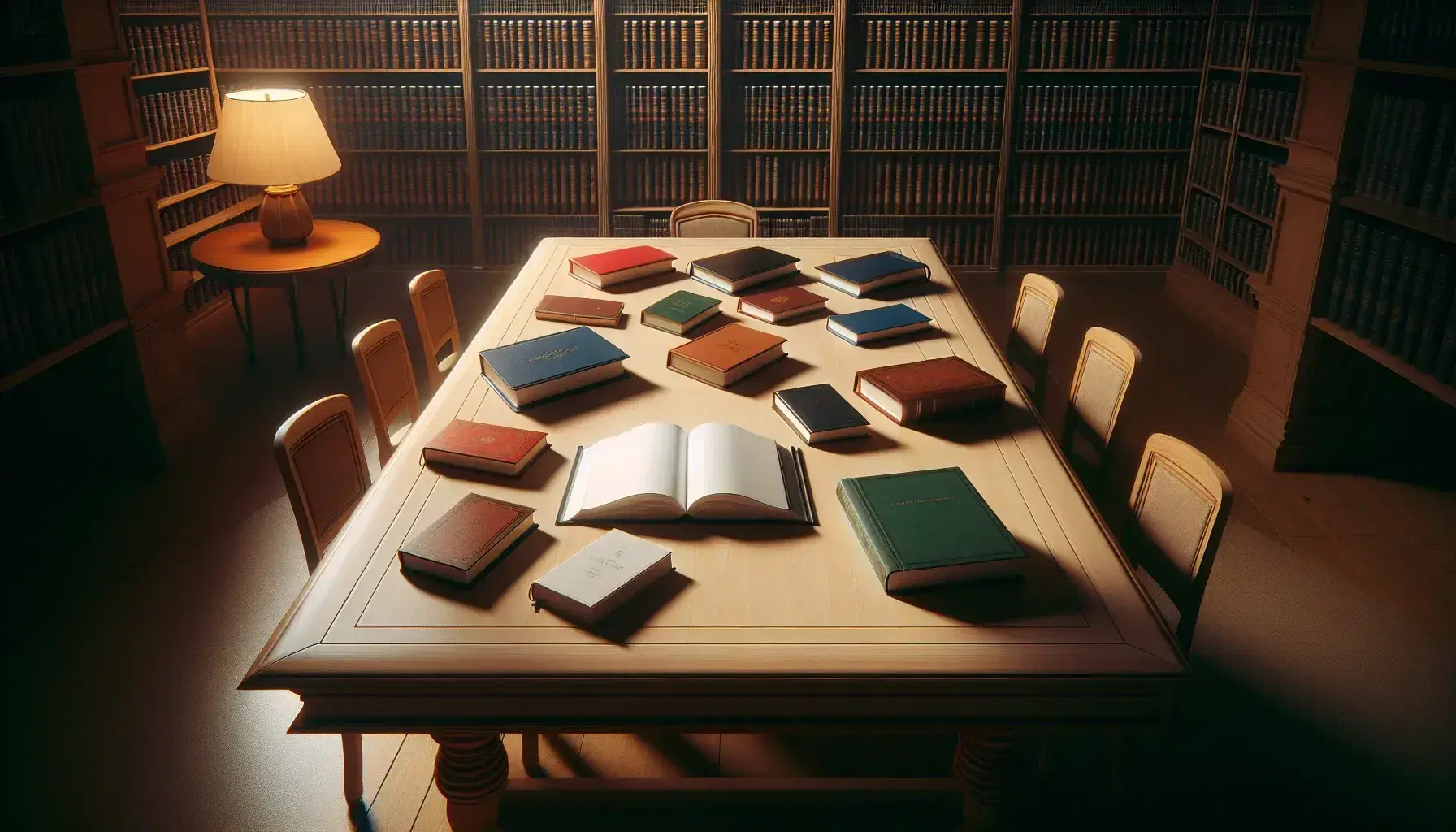 Biblioteca silenziosa con tavolo in legno chiaro, libri colorati aperti e chiusi, scaffali scuri pieni di volumi e sedia con cuscino rosso.