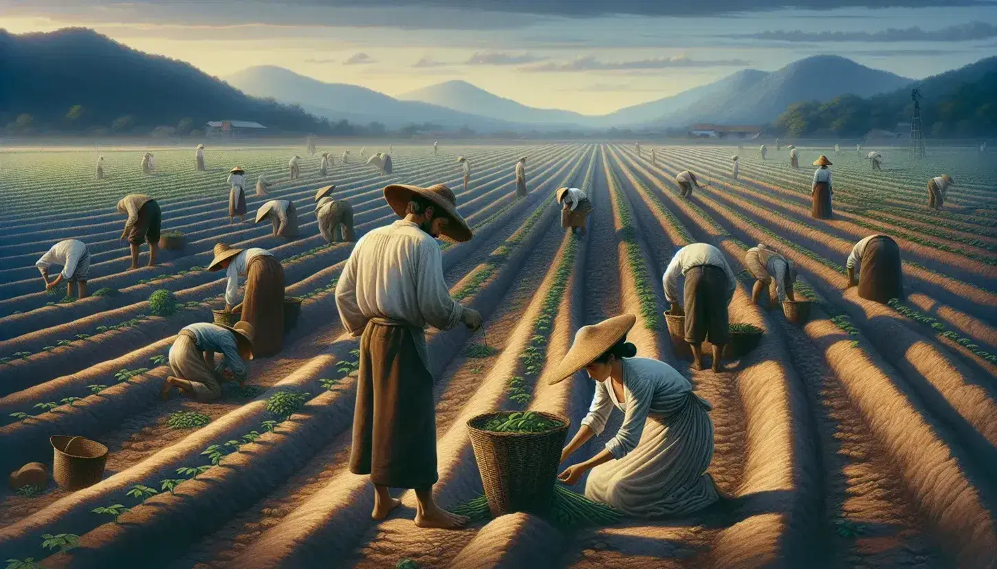 Campesinos recolectando productos agrícolas en un campo con cielo despejado, sombreros de paja y montañas al fondo.