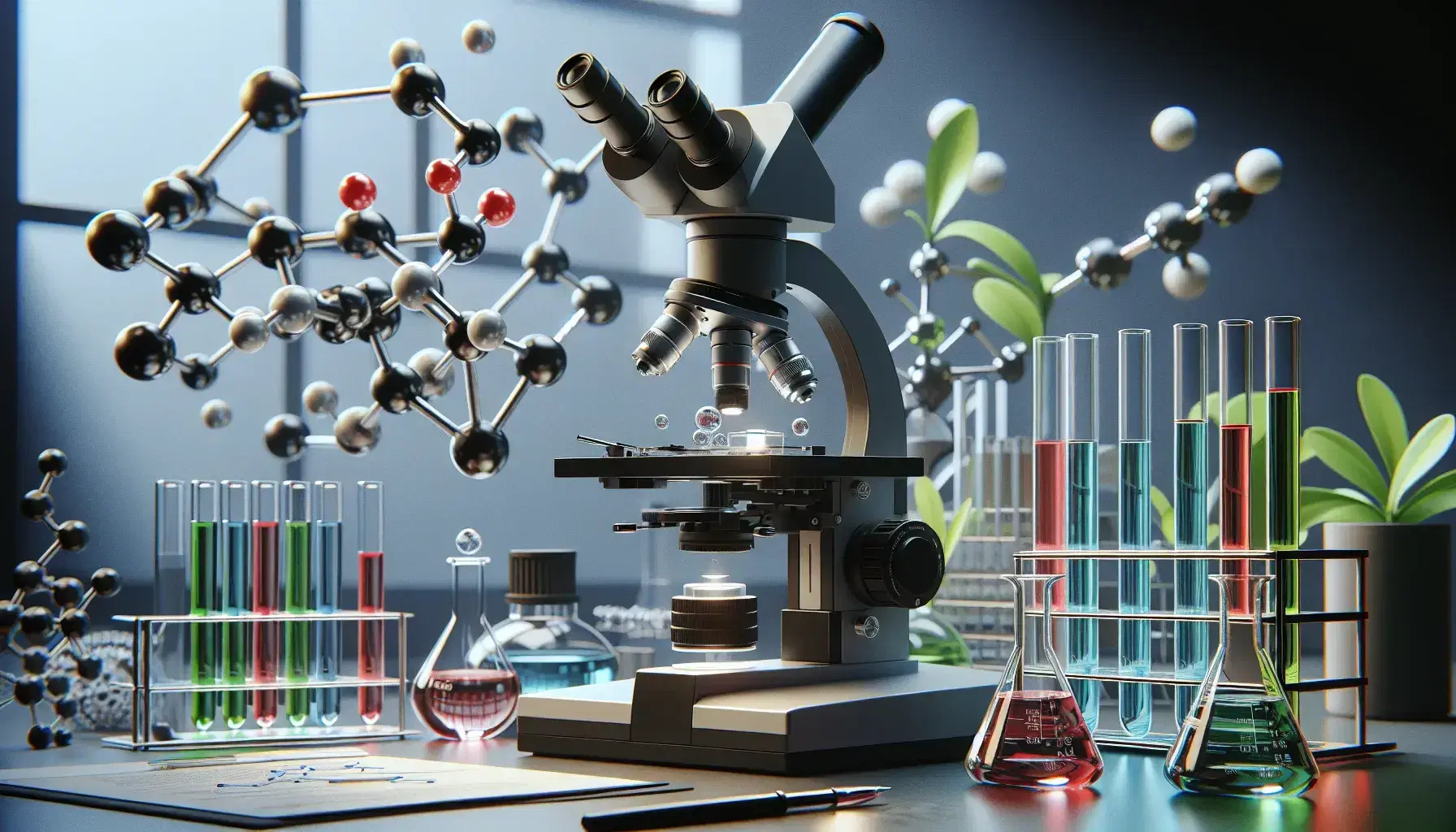 Microscopio ottico con provette colorate e modello molecolare in un laboratorio scientifico, piante in provetta e Petri con campioni biologici.