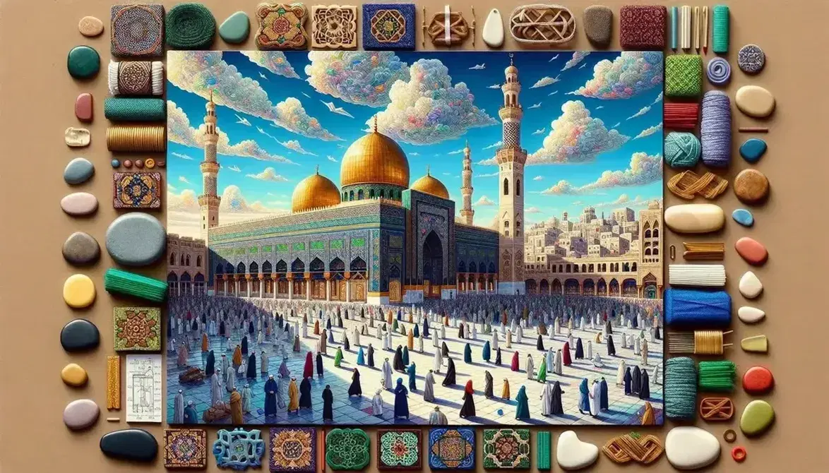 Scena vivace di piazza mediorientale con moschea dorata, fedeli in abiti tradizionali e oggetti simboleggianti i Cinque Pilastri dell'Islam.