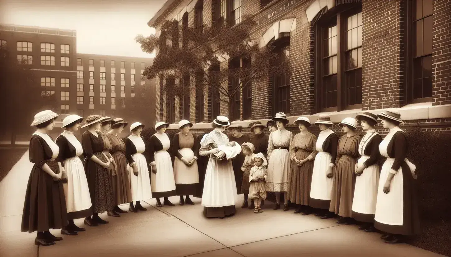 Early 20th-century photograph capturing a group of 1920s-dressed women and children outside a brick building, with a nurse talking to a mother.