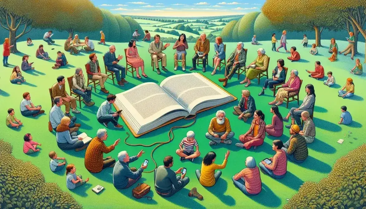 Gruppo multietnico seduto in cerchio su prato verde con libro aperto al centro, comunicando attivamente sotto cielo azzurro.