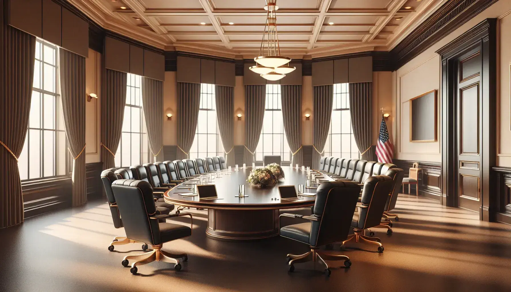 Formal meeting room with oval wooden table, high-backed leather chairs, laptops, water glasses, flower vase, beige walls, large windows, and a nondescript flag.