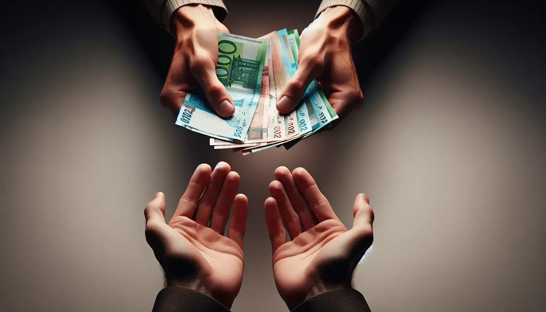 Primer plano de dos pares de manos adultas intercambiando dinero, una de tez clara extendiendo billetes con bandas elásticas y otra más oscura aceptándolos.