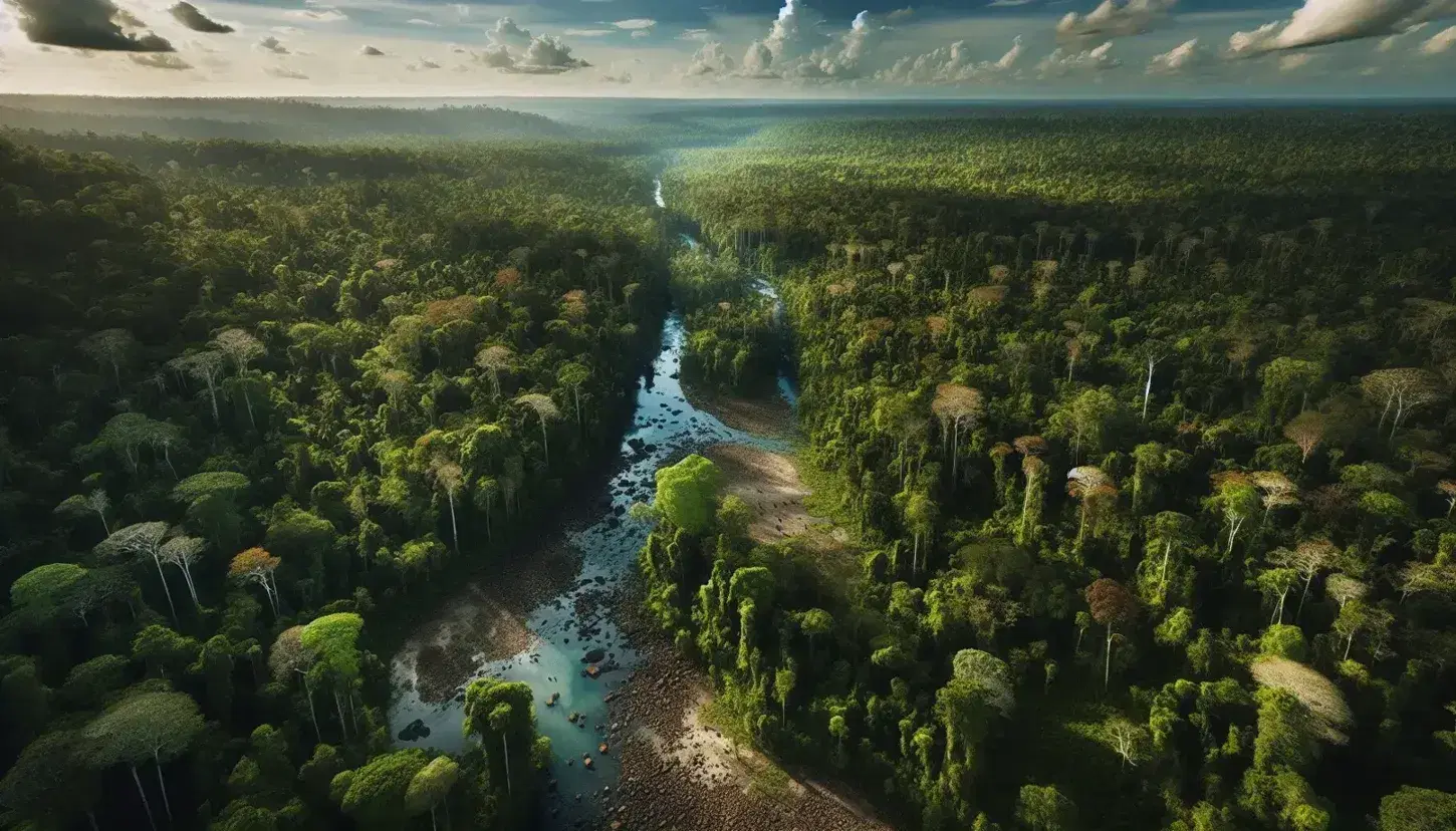 Bosque denso con copas de árboles en tonos de verde y amarillo, un río serpenteante, cielo azul con nubes y animales bebiendo agua.