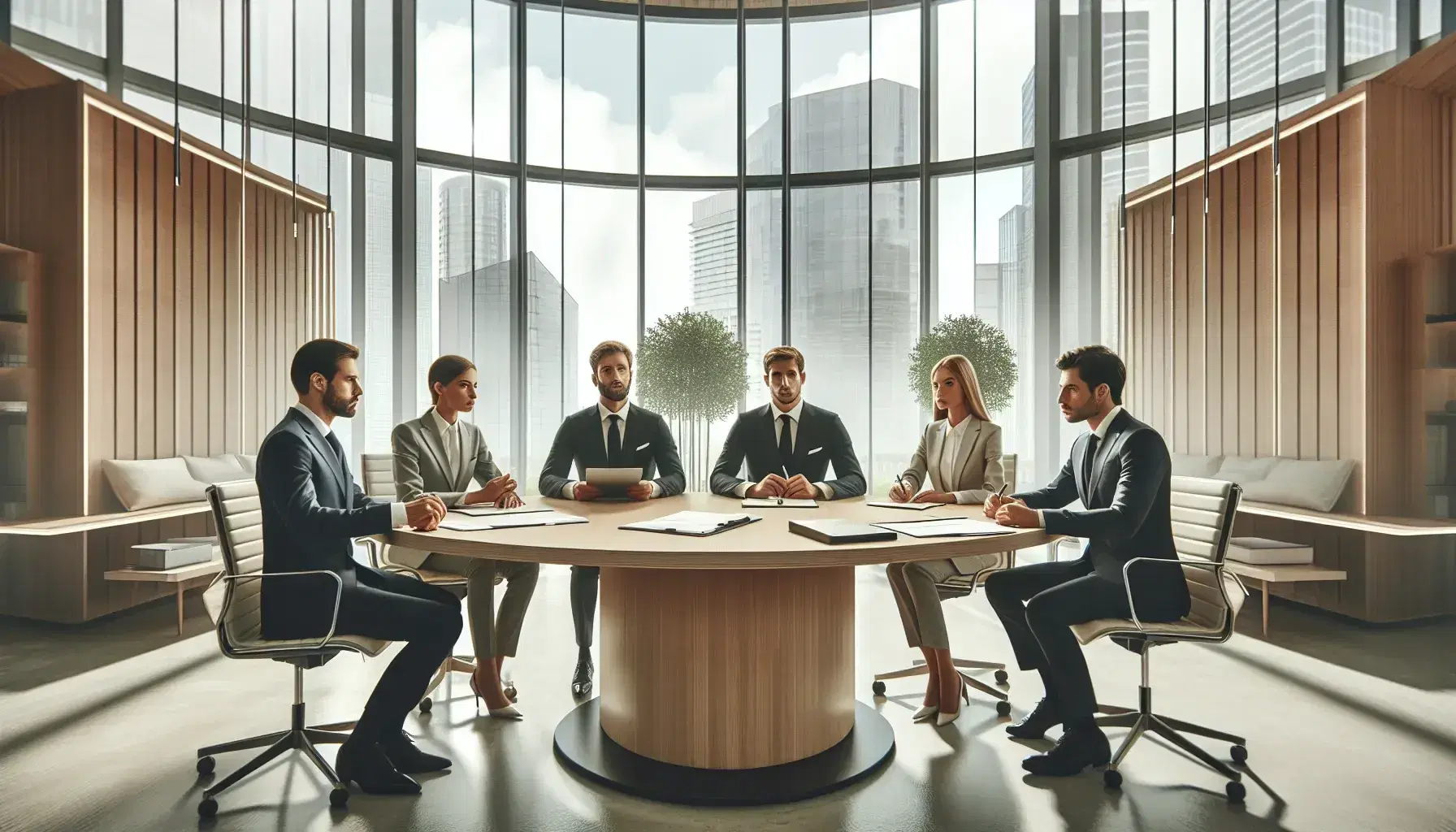 Gruppo di professionisti in riunione attorno a un tavolo ovale in un ufficio luminoso con pareti in vetro e una pianta verde sullo sfondo.