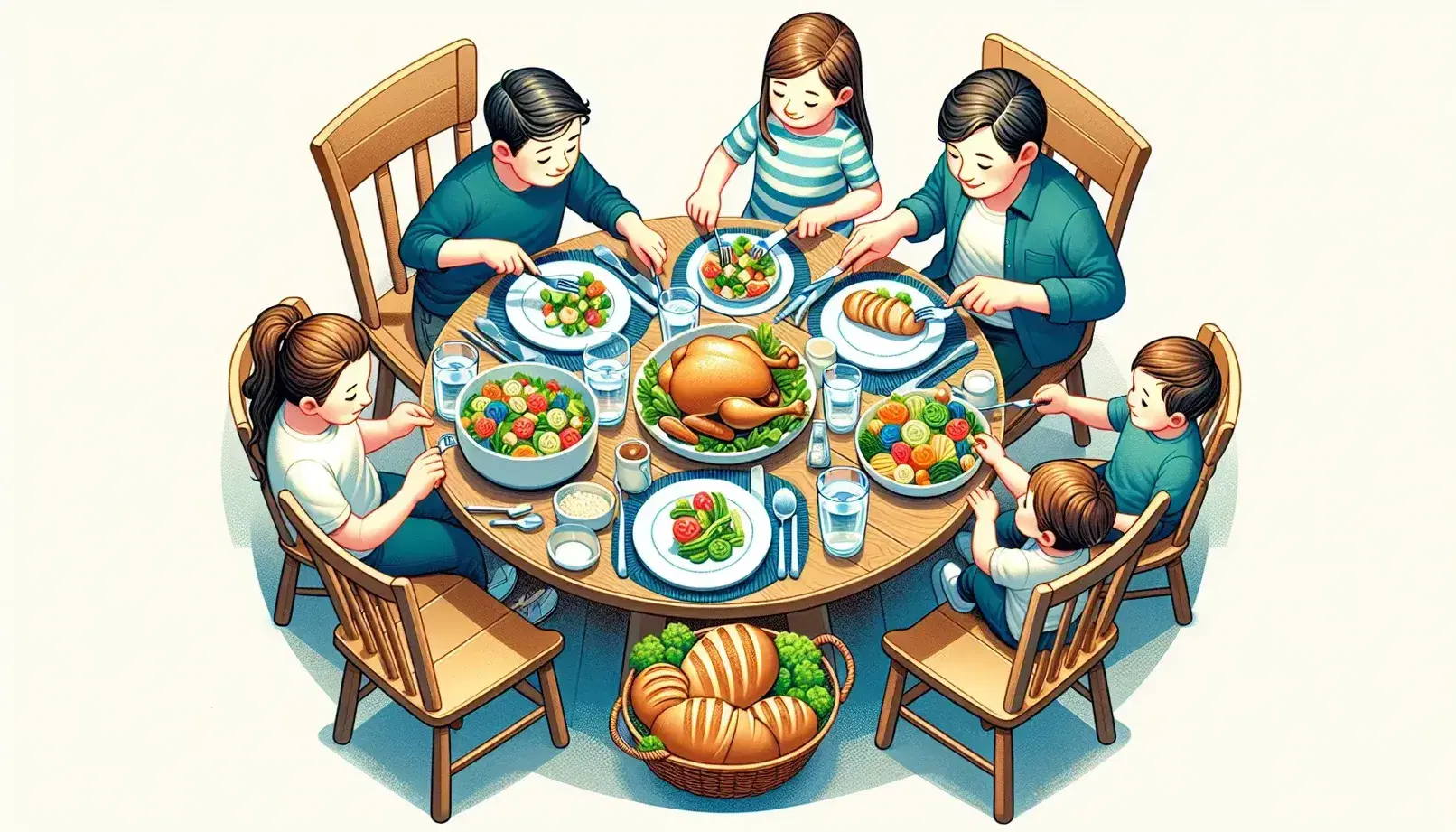 Family of four dines together around a round table with salad, roast chicken, steamed vegetables and fresh bread.