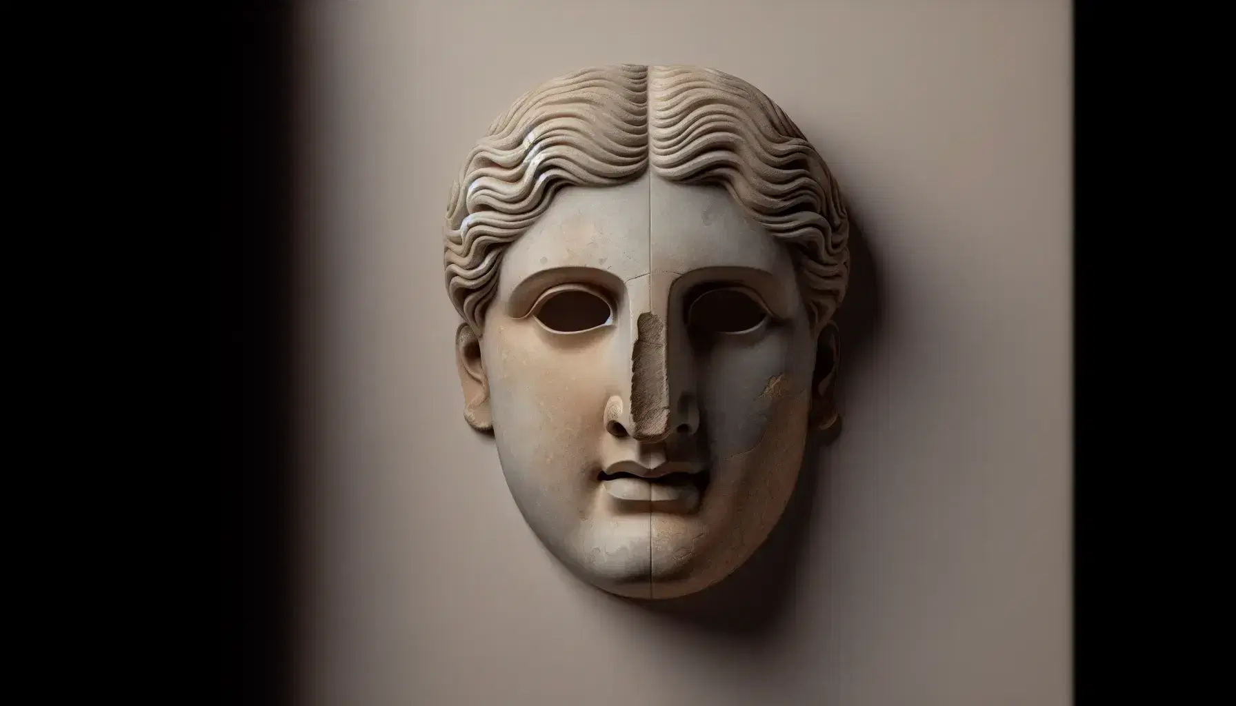 Maschera teatrale greca antica con espressione neutra, occhi vuoti e dettagli capillari, su sfondo uniforme.