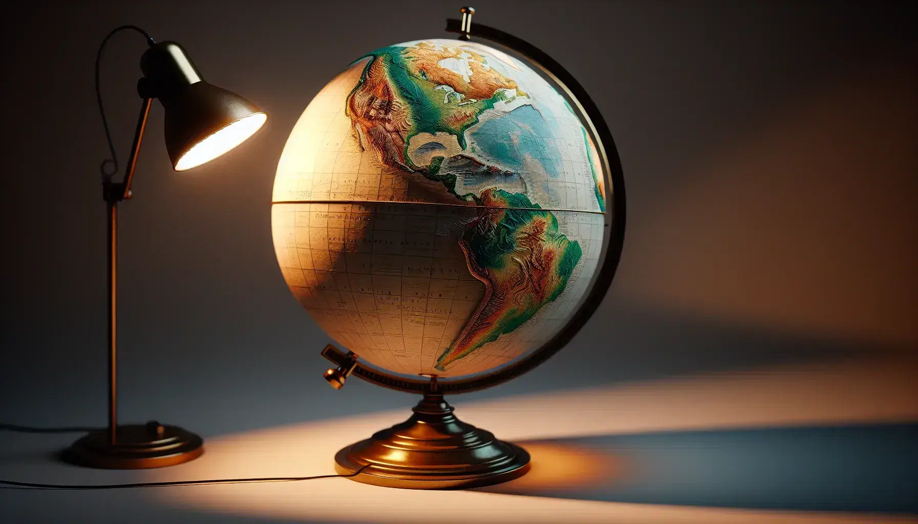 Mappamondo fisico con rilievi montuosi e oceani, illuminato da una lampada che crea un effetto giorno-notte, su sfondo neutro.