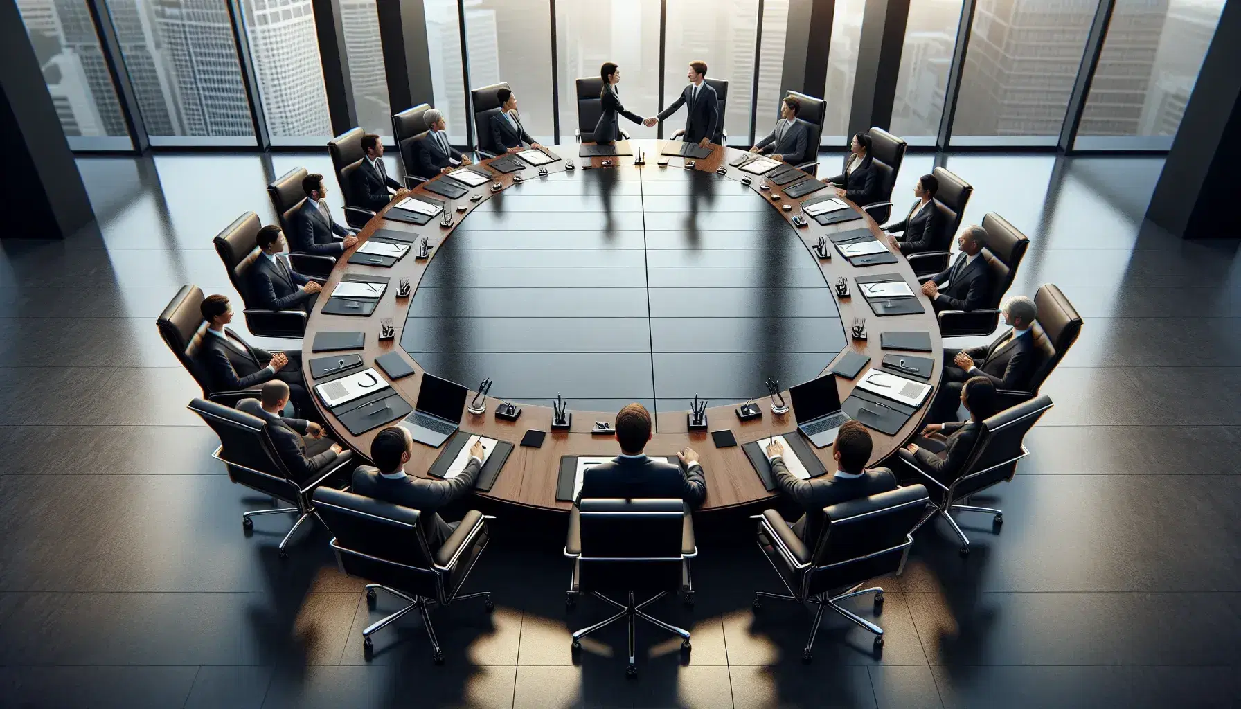Two professionals in suits shaking hands over a polished boardroom table with digital tablets, in a modern office with a city view.