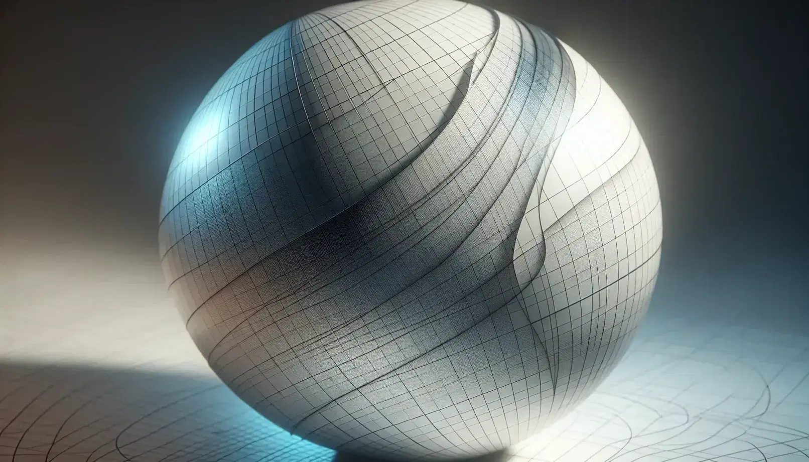 Globe with grid lines showing conformal map projection, highlighted by a gradient from bright white to blue with a light source on the left.