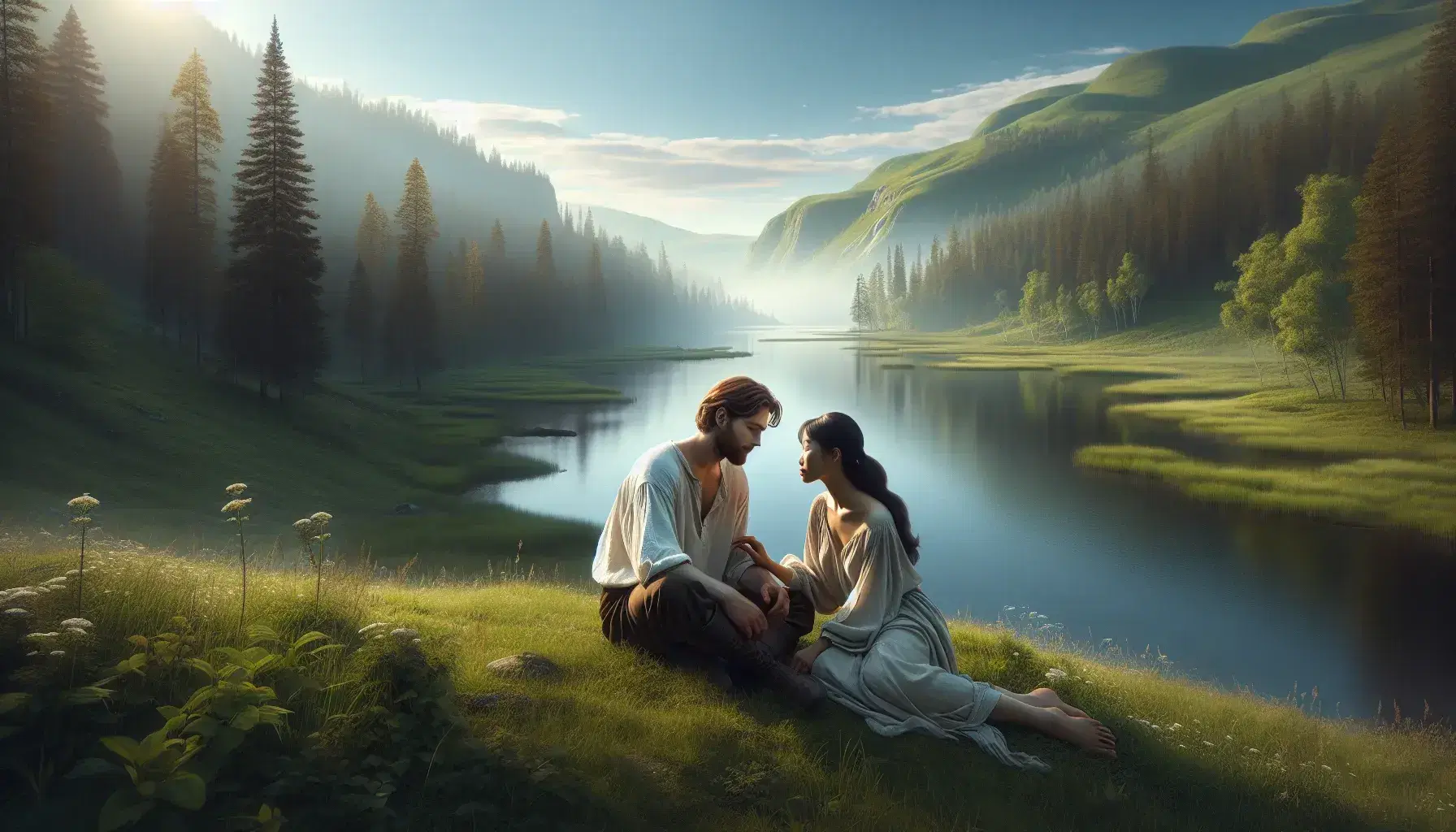 Man and woman seated on grassy lake shore, enjoying a peaceful moment in nature, with forest backdrop and sunlit sky reflected in water.
