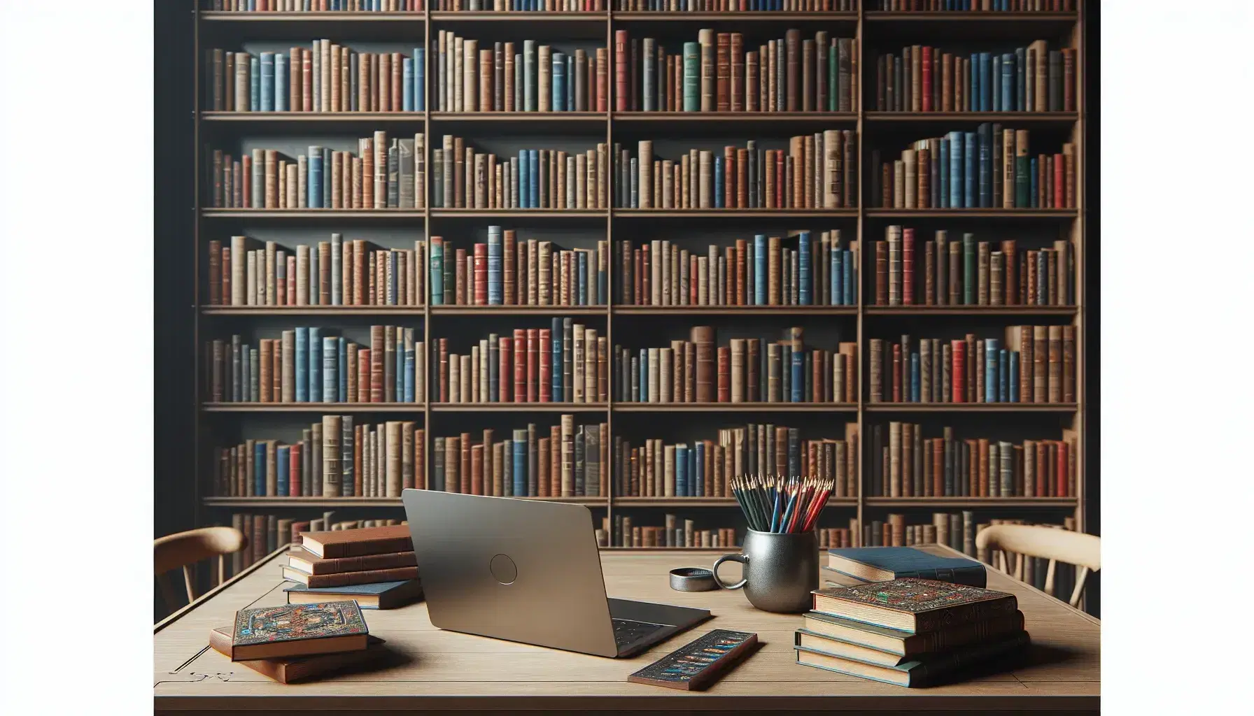 Biblioteca con estantes de madera oscura llenos de libros coloridos, mesa con laptop y taza con lápices bajo luz natural.
