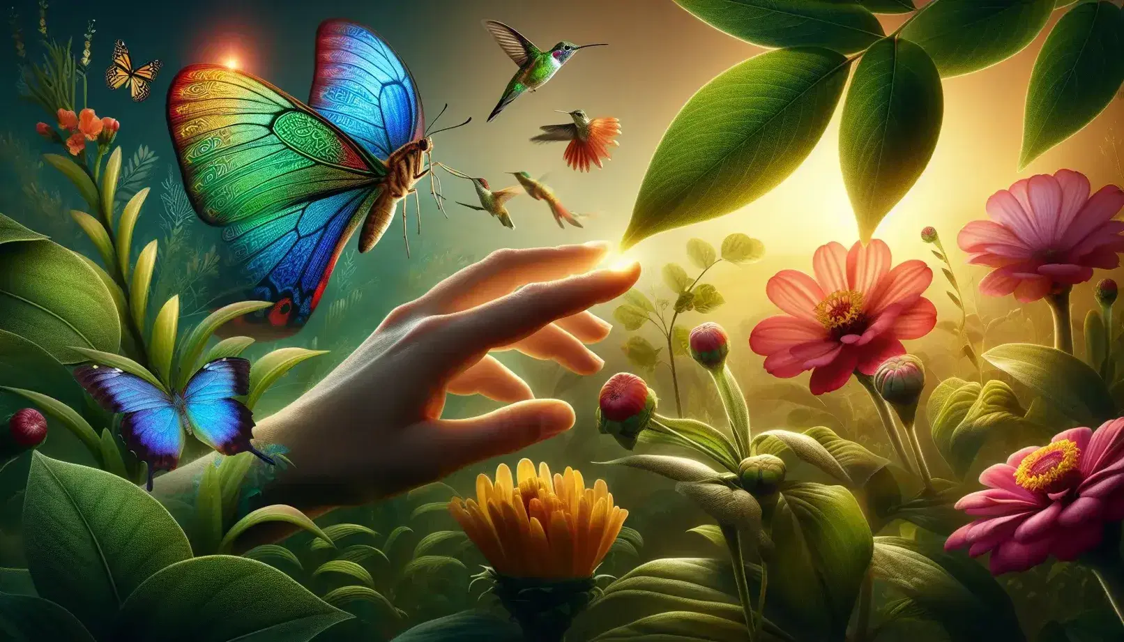 A hand touches green leaves, a butterfly on a flower, a hummingbird in flight, a fruity tree, a stream and a cat in motion in a natural setting.