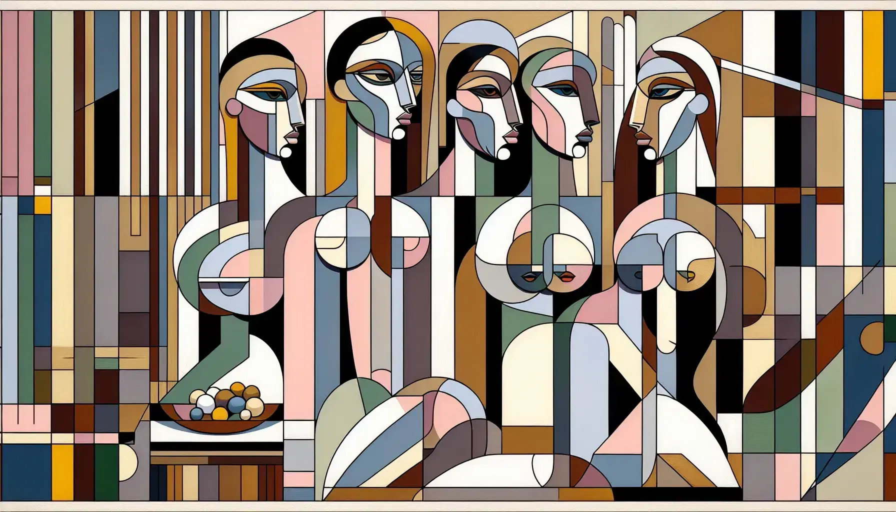 Cinque figure femminili stilizzate in stile cubista con forme geometriche e colori vari da rosa a blu, su sfondo astratto con tenda e frutto.