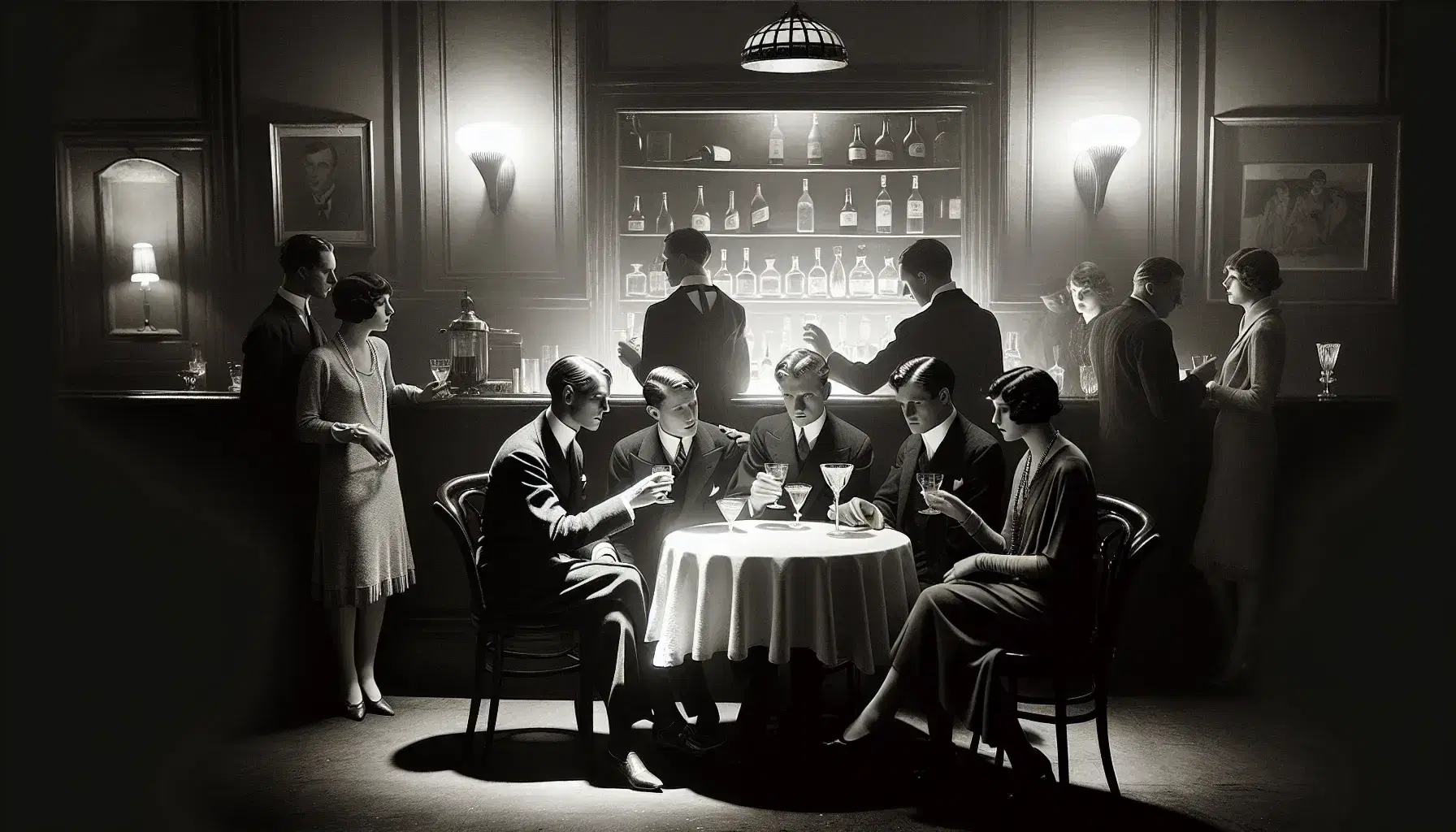 1920s speakeasy scene with elegantly dressed patrons toasting at a round table, art deco lighting, and a bartender reaching for bottles.