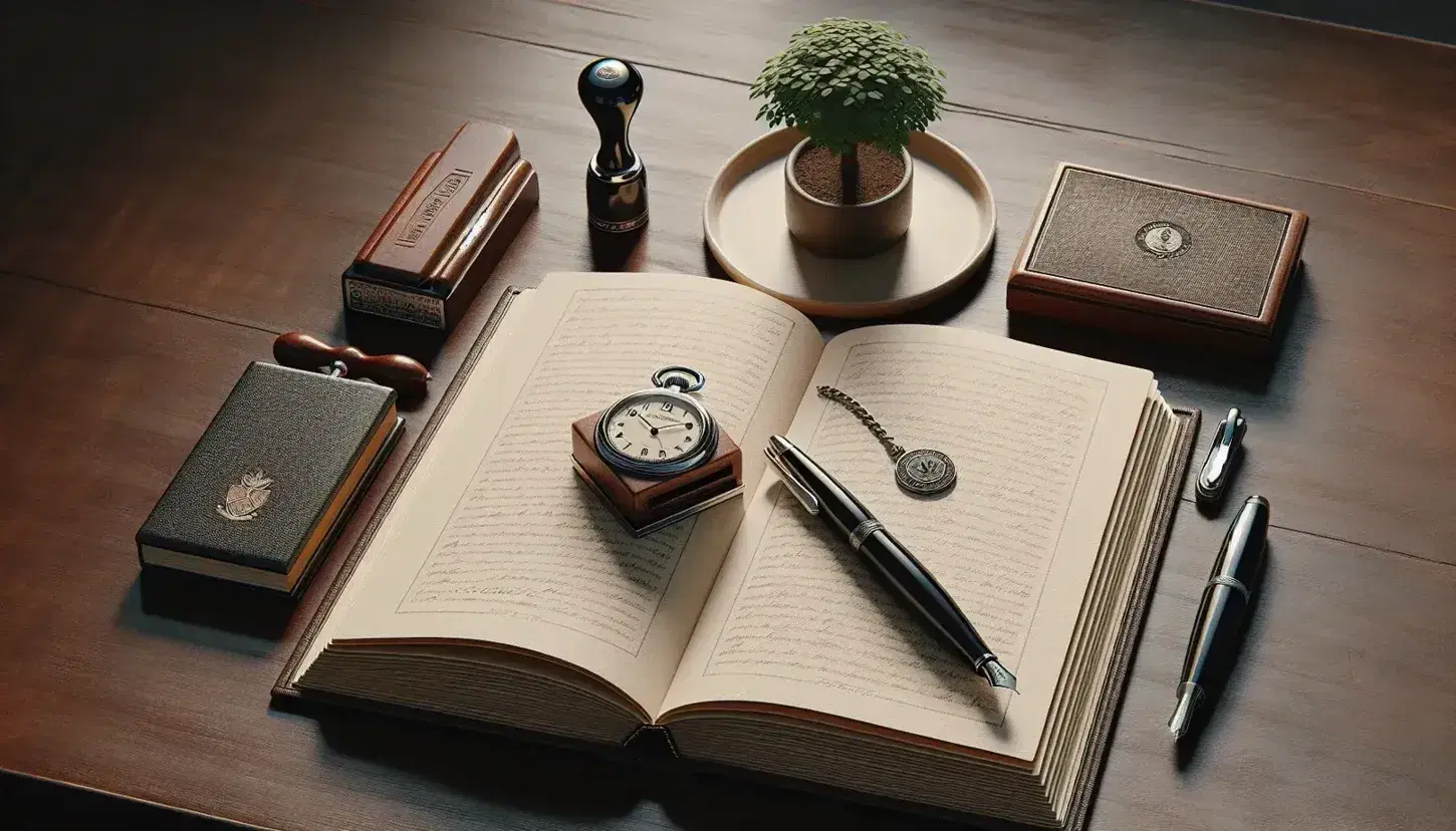 Scrivania in legno scuro con libro aperto, penna stilografica nera, timbro manuale, alberello in vaso e orologio da tasca aperto.