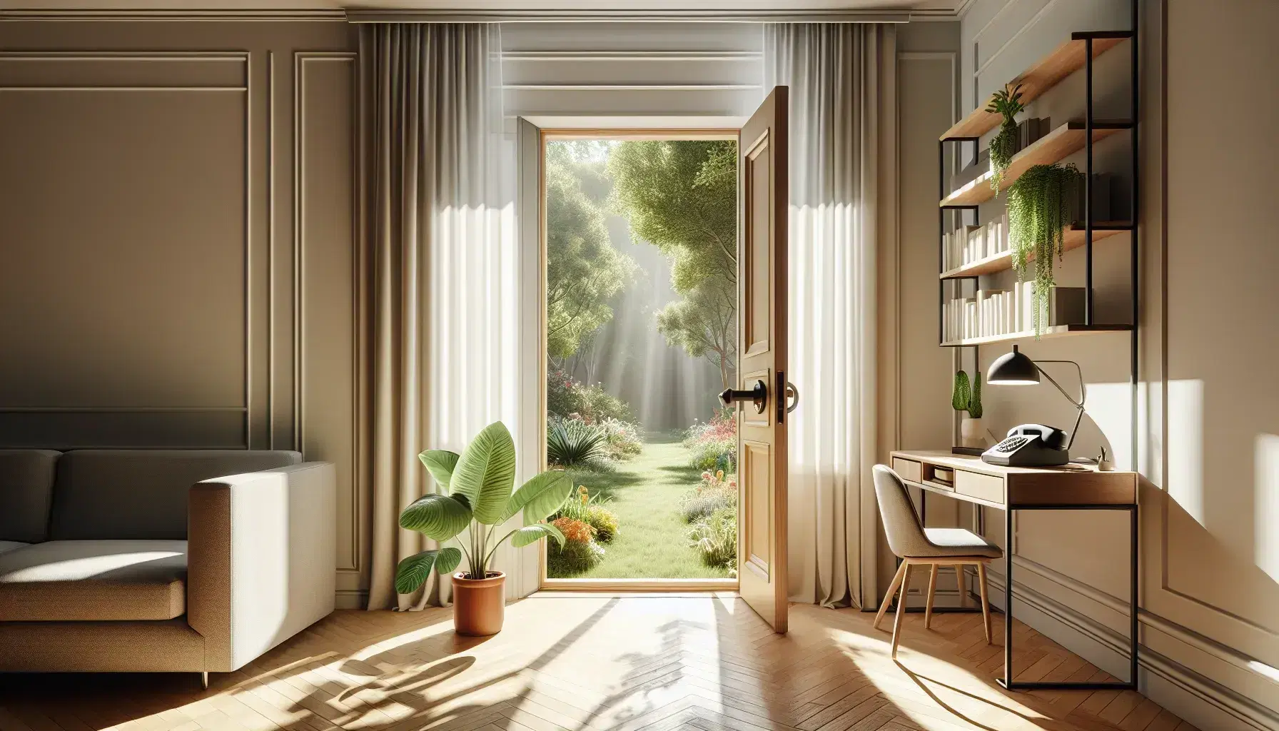 Soggiorno luminoso con porta aperta sul giardino rigoglioso, scrivania con telefono e pianta, divano grigio e libreria piena.