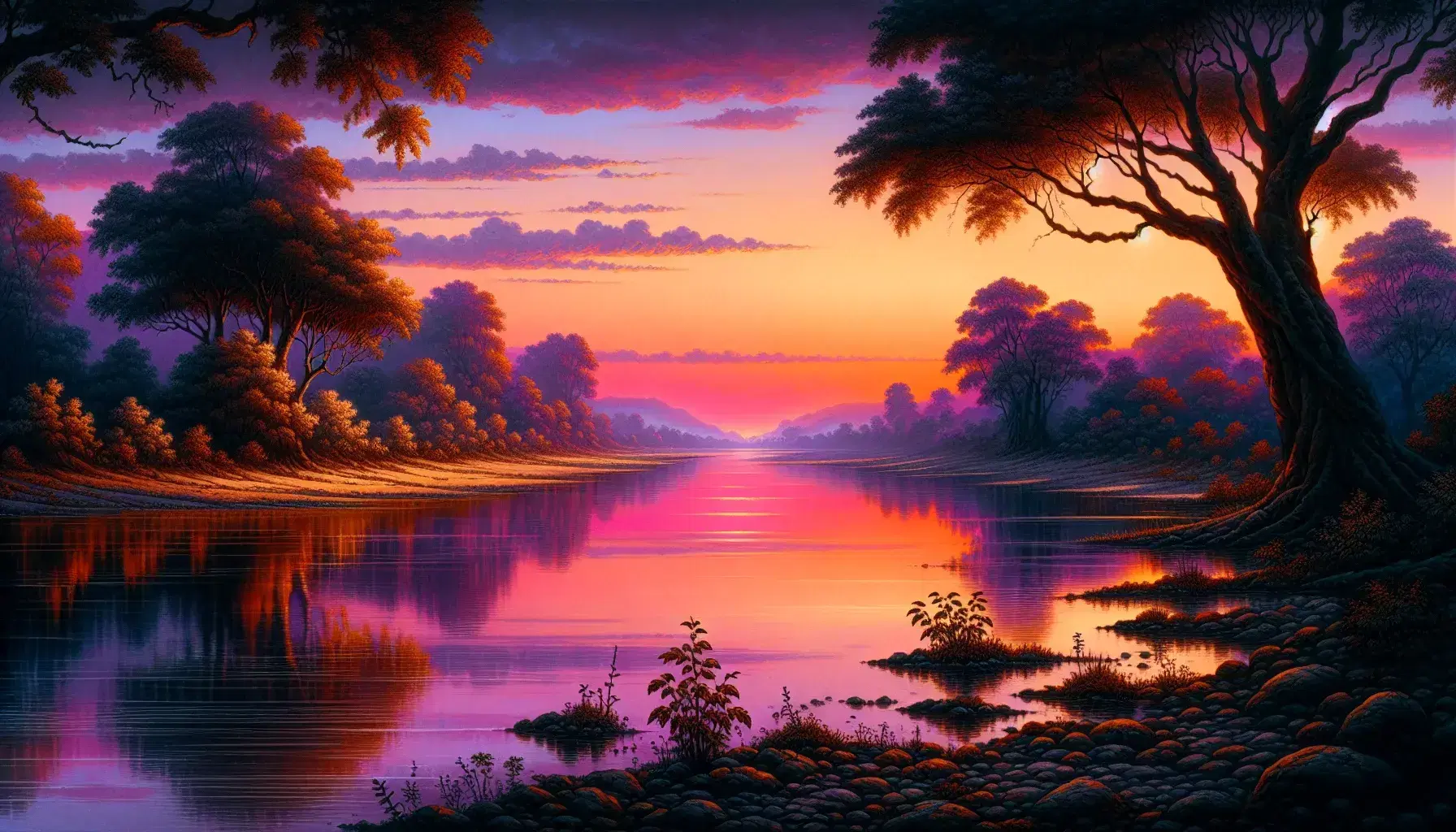 Paesaggio fluviale al tramonto con fiume sereno, riflessi arancioni e rosa del cielo, alberi verdi e colline in lontananza.