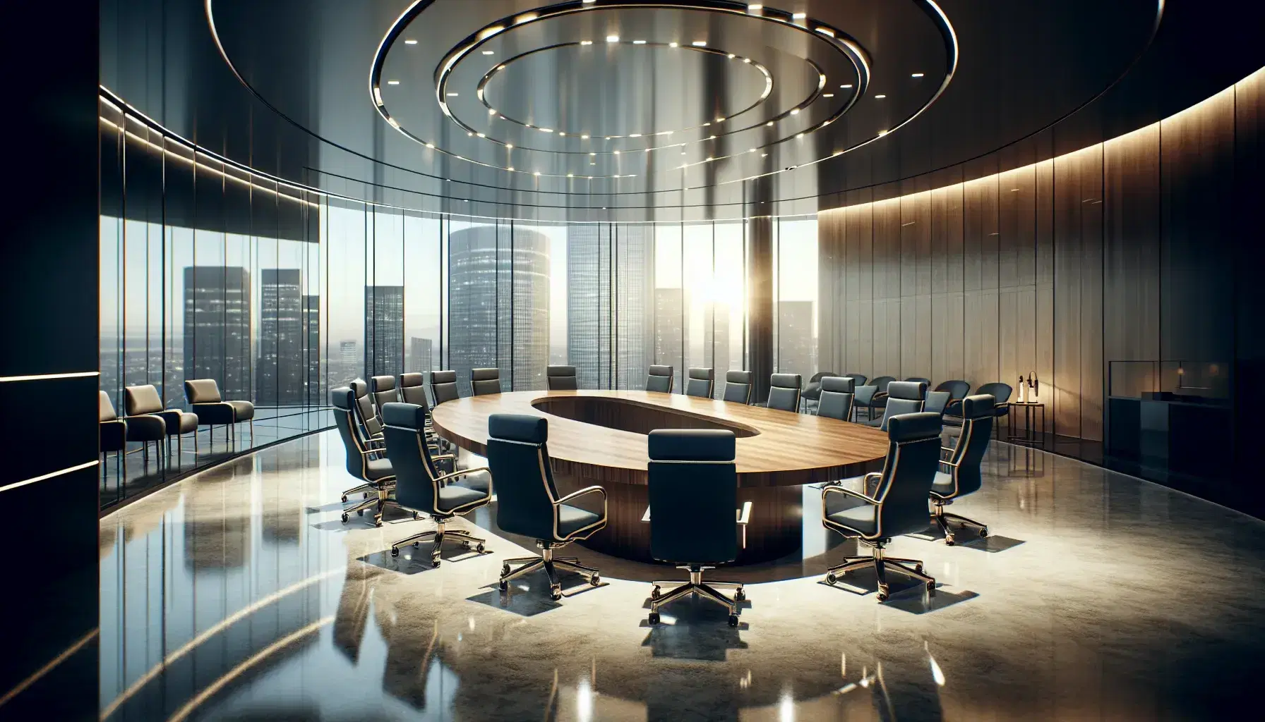 Sala de conferencias moderna con mesa ovalada de madera, sillas ergonómicas azules y podio, iluminada y con vista panorámica de la ciudad.