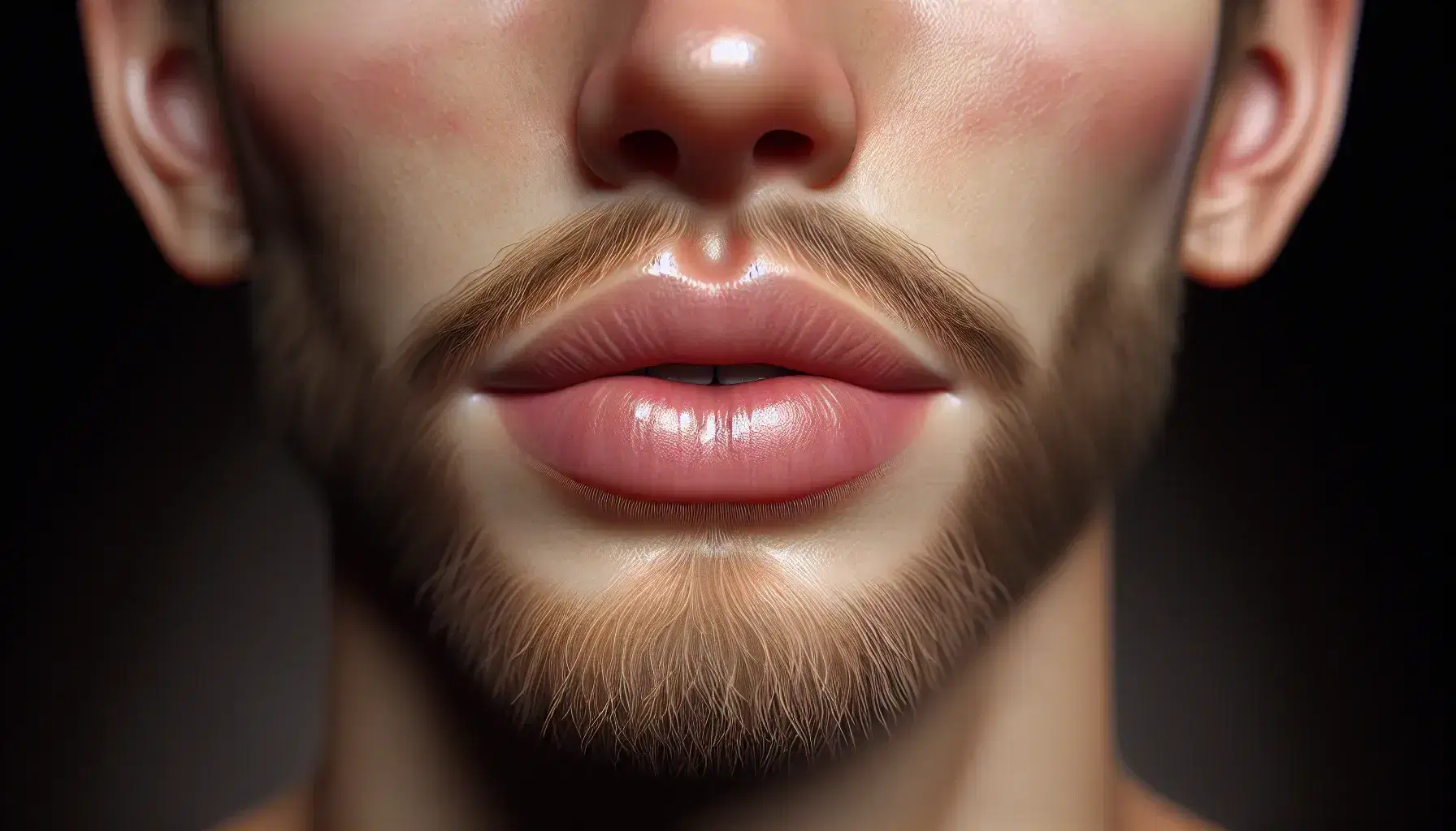 Primo piano viso maschile con bocca semiaperta, denti bianchi allineati, labbra rosa umide e leggera barba sul mento.