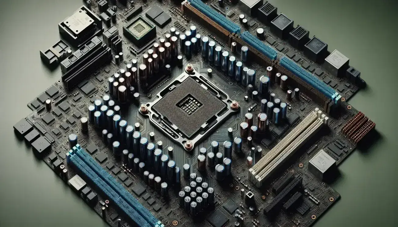 Primer plano de placa base de computadora con zócalo de CPU vacío, condensadores cilíndricos, ranuras de memoria RAM azules y puertos de expansión.