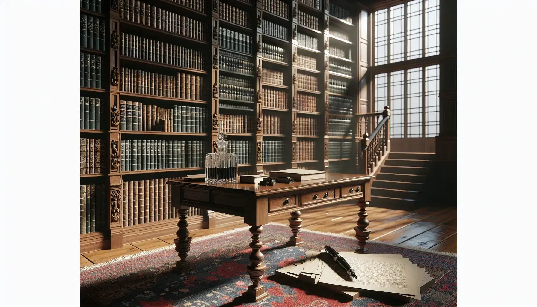 Biblioteca clásica con estanterías de madera oscura llenas de libros, mesa con papeles y pluma estilográfica, ventana que ilumina la habitación.
