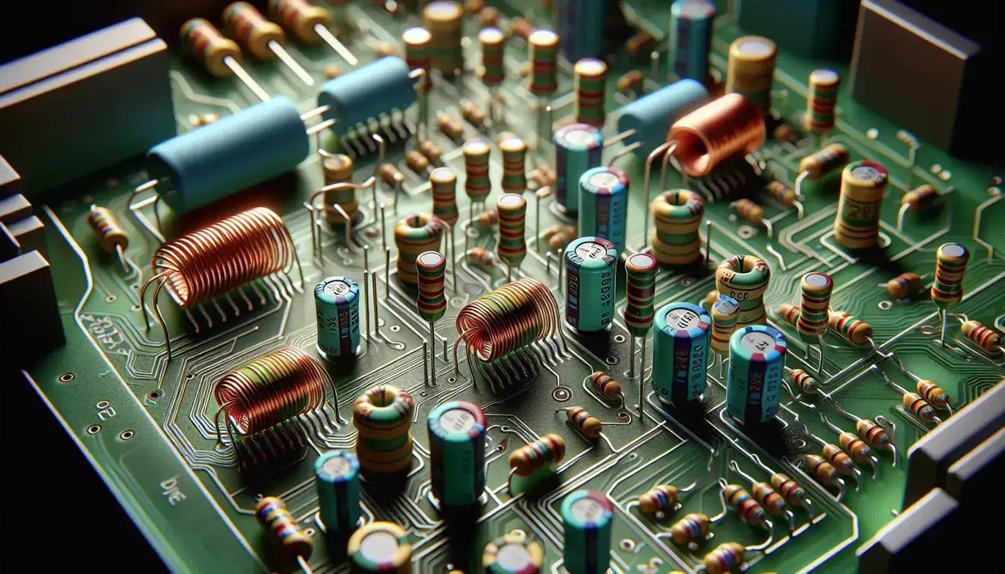 Close-up of a green circuit board with resistors, capacitors, and inductors, showcasing the intricate connections and components in electronics.