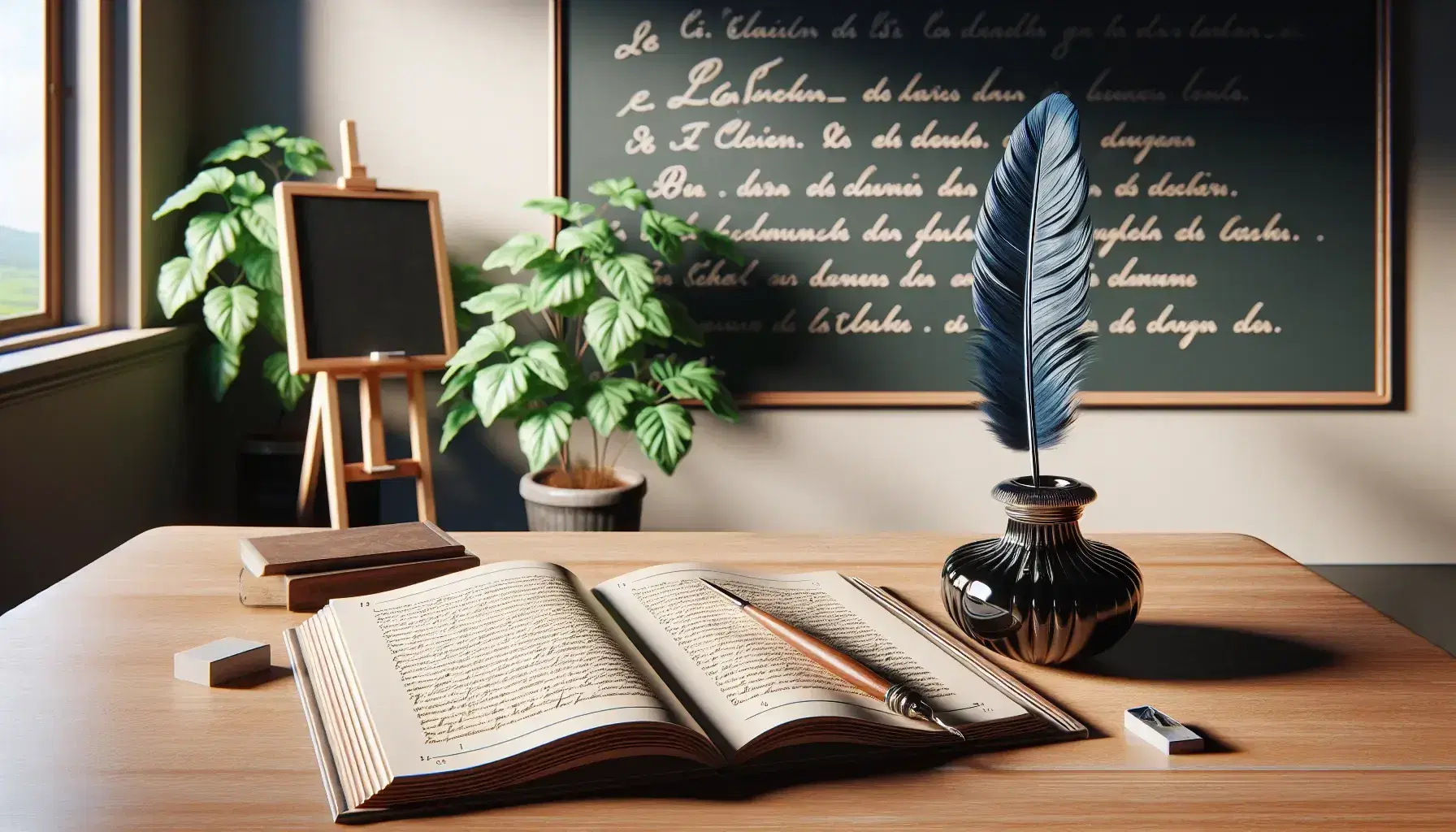 Serene French language classroom with an open textbook, inkwell, and quill on a desk, a clean chalkboard, and a potted plant by a sunny window.