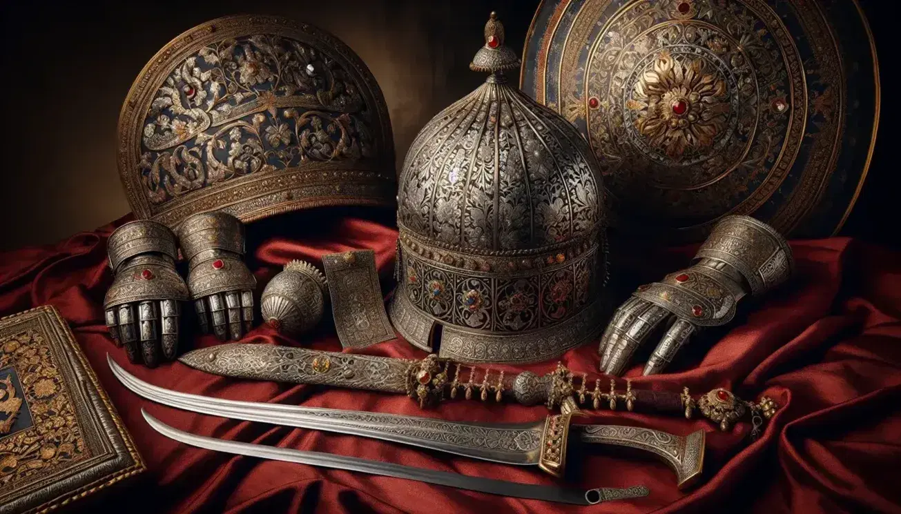 Mughal helmet with gold inlay, shamshir sword with jeweled hilt, gauntlets, round shield, and matchlock gun on red fabric, showcasing intricate craftsmanship.