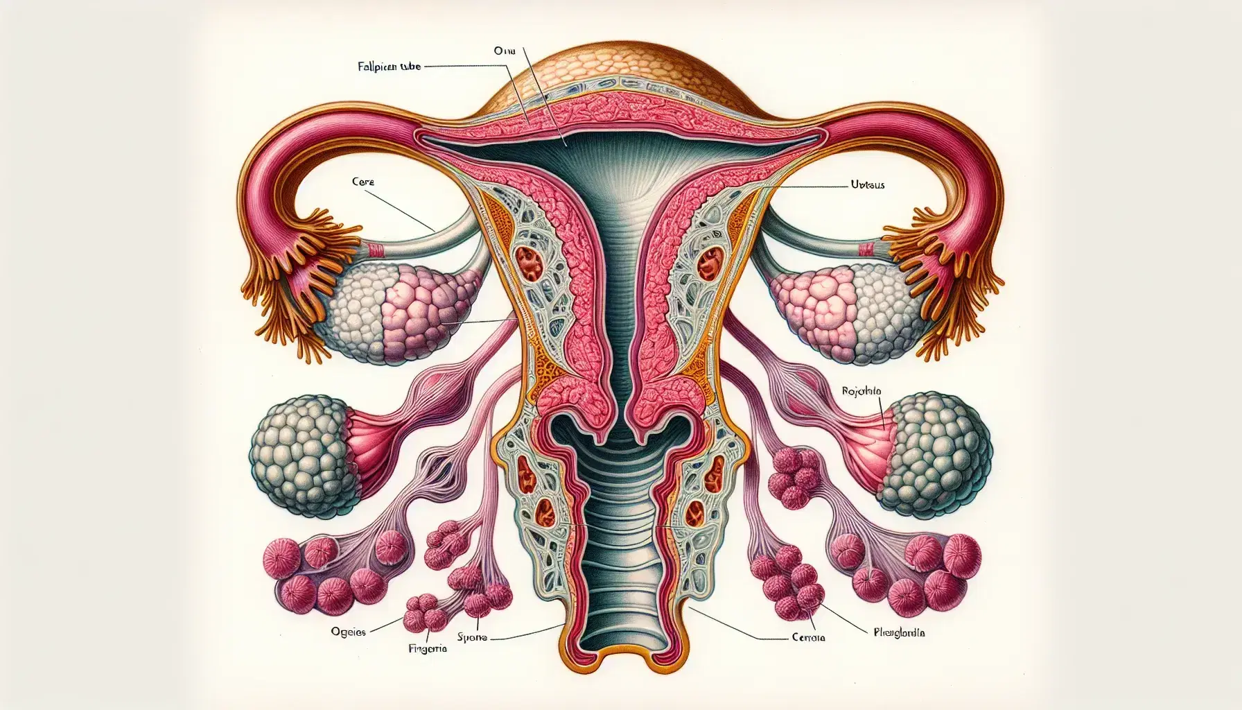 Ilustración detallada del sistema reproductor femenino con órganos internos y externos, incluyendo útero, trompas de Falopio, ovarios y vagina en vista seccional.