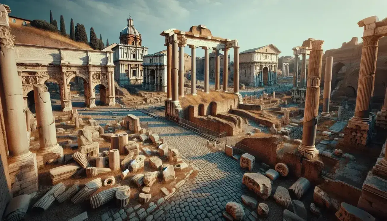 Vista panorámica de las ruinas del Foro Romano con columnas truncadas, arco de templo y estructuras de basílica bajo un cielo azul claro.