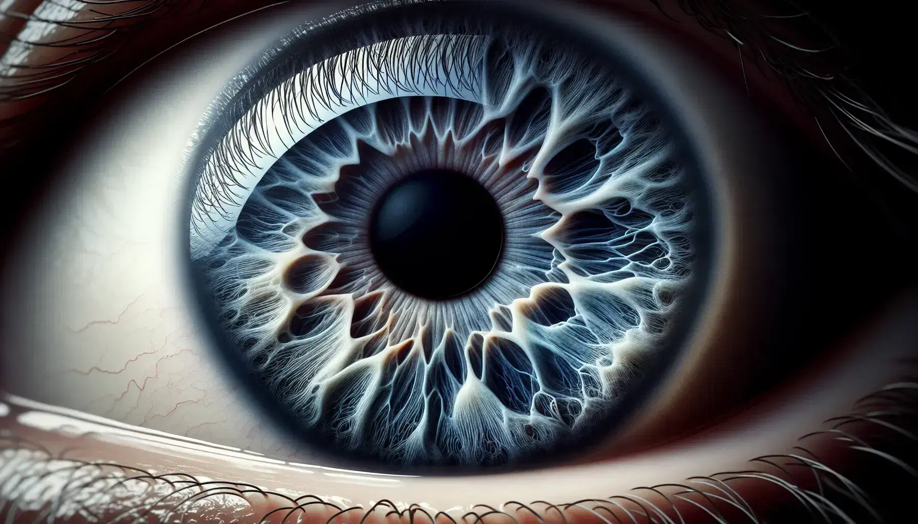 Primo piano di un occhio umano con iride blu intensa, pupilla nera e sclera con vasi sanguigni, riflessi sulla cornea e ciglia curve.