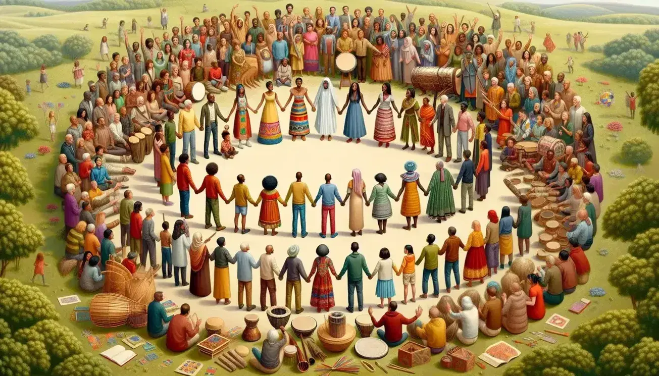 Gruppo multietnico in cerchio all'aperto che celebra l'unità, con abiti tradizionali e moderni, oggetti culturali e sfondo naturale.