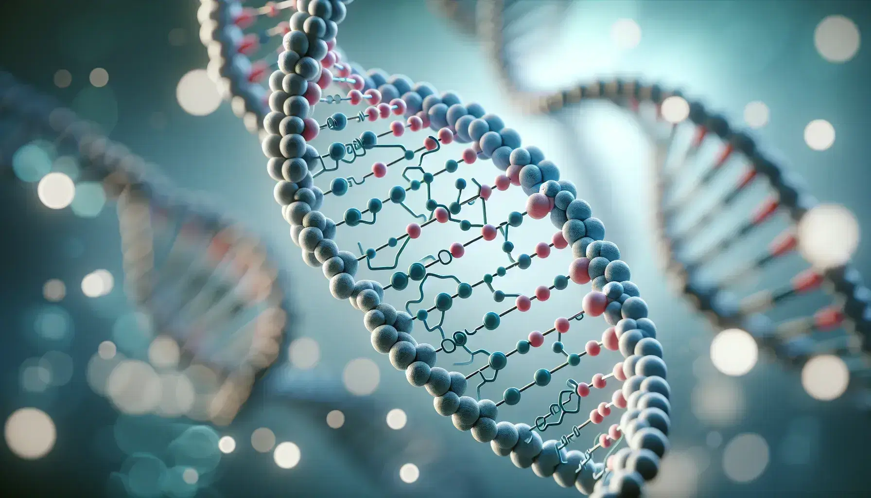 Detailed 3D DNA double helix with blue and green nucleotide pairs, pink sugar spheres, and gray phosphate rods against a soft-focus light blue background.