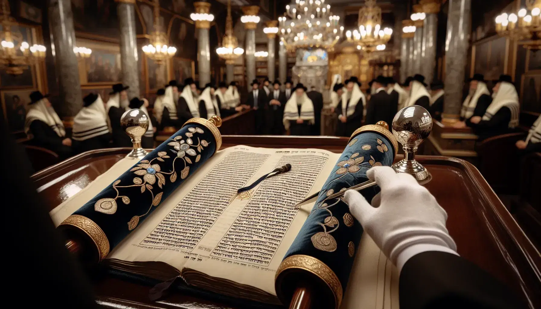 Interno di una sinagoga con Torah aperto su leggio, mano con yad, fedeli sfocati sullo sfondo e menorah a sette bracci.