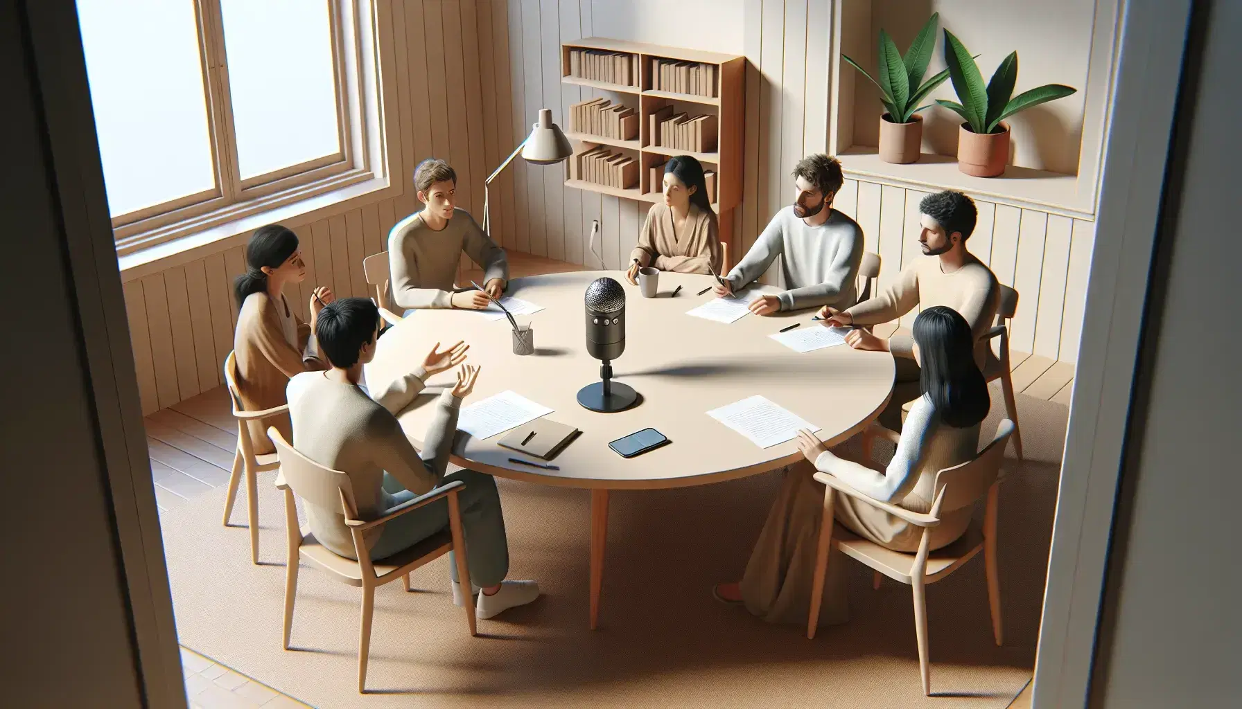 Grupo de cinco personas diversas sentadas alrededor de una mesa redonda con papeles y bolígrafos, escuchando un grabador digital en una sala iluminada naturalmente.