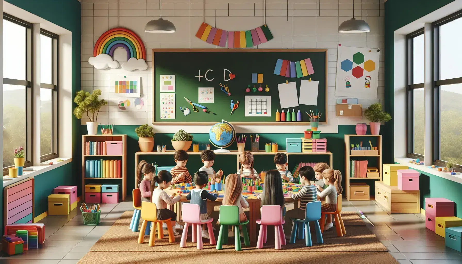 Aula escolar colorida con estudiantes trabajando en mesa redonda con bloques de construcción, un globo y materiales de dibujo, estanterías con libros y plantas al fondo.