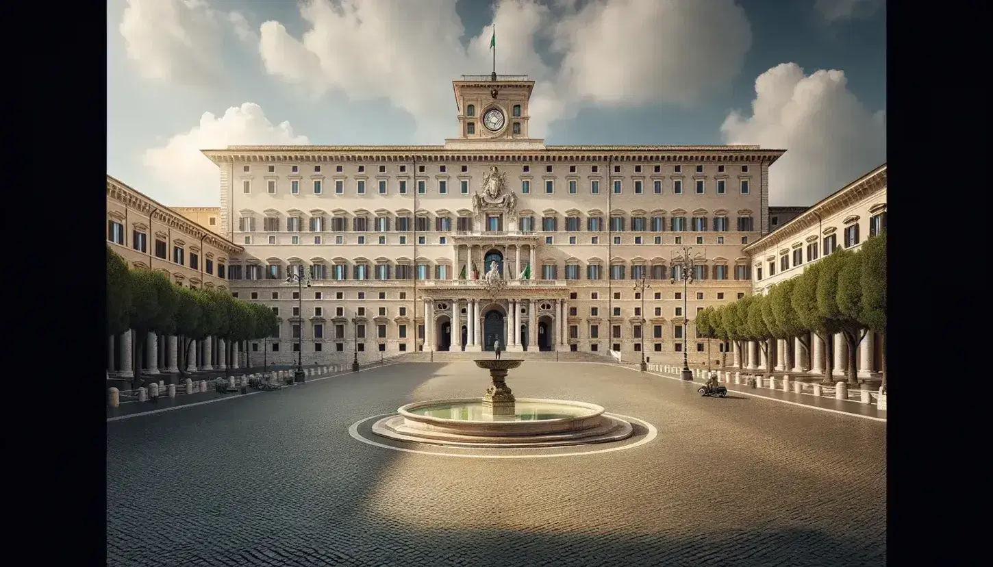Vista frontale del Palazzo del Quirinale a Roma con fontana e alberi, cielo azzurro e illuminazione naturale.