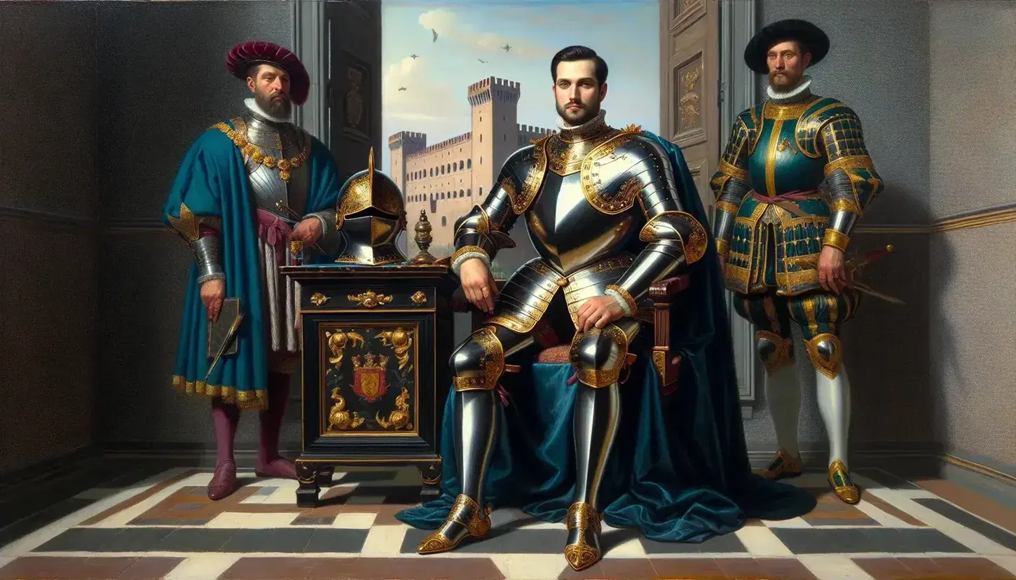 Ritratto di nobile in armatura con dettagli dorati seduto accanto a cortigiani in abiti rinascimentali, sfondo Palazzo Ducale di Urbino.